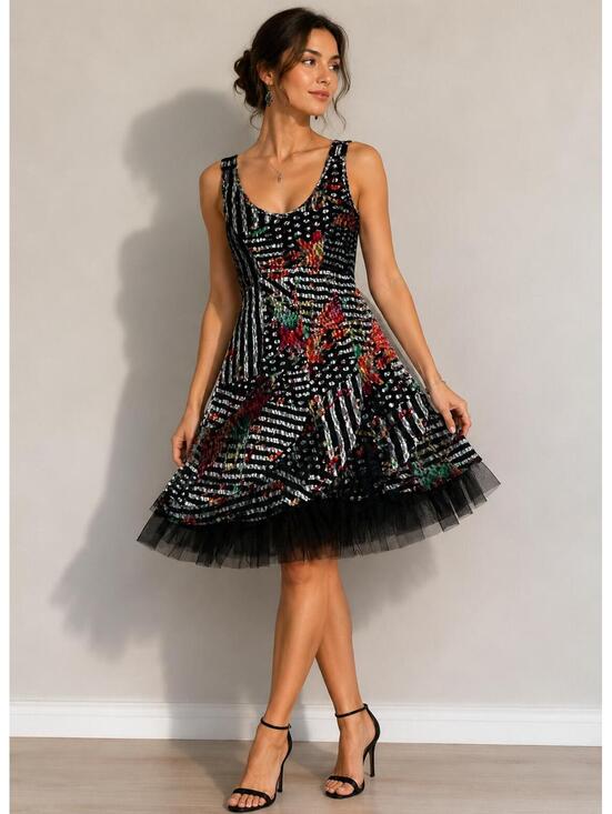 Tango Mango Dresses & Skirts - Tango Mango Vintage Black Multicolor Floral Striped Tulle Hem Dress Size S
